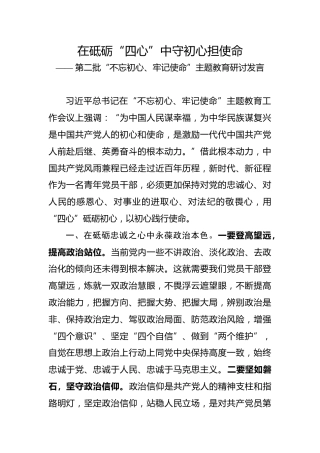第二批主题教育研讨发言：保持忠诚心、对人民的感恩心、对事业的进取心、对法纪的敬畏心（2300字）