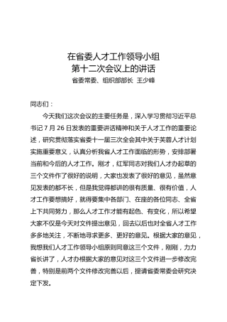 在人才工作领导小组会议上的讲话