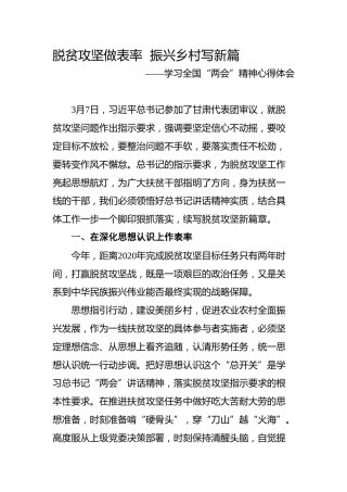 两会心得体会：脱贫攻坚做表率  振兴乡村写新篇