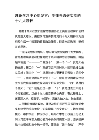 理论学习中心组发言：学懂弄通做实党的十九大精神