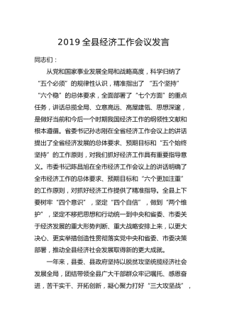 2019全县经济工作会议发言