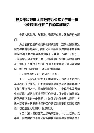 新乡市牧野区人民政府办公室关于进一步做好耕地保护工作的实施意见