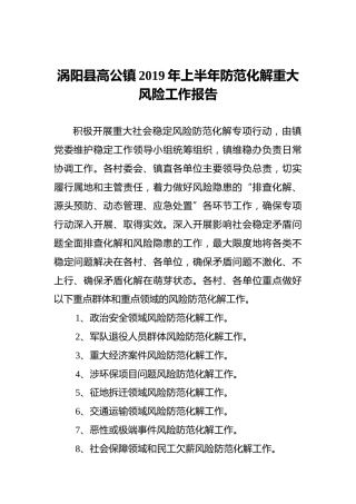 涡阳县高公镇2019年上半年防范化解重大风险工作报告