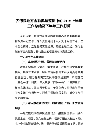 齐河县地方金融风险监测中心2019上半年工作总结及下半年工作打算