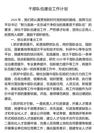 2020年干部队伍建设工作计划