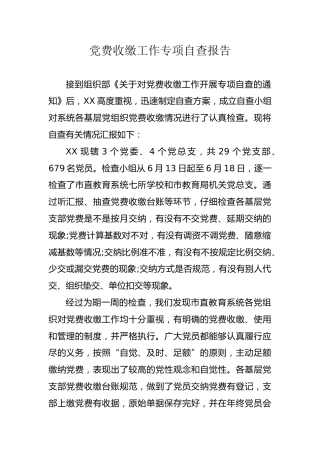 党费收缴工作专项自查报告