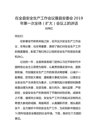 刘伟红：在全县安全生产工作会议暨县安委会2019年第一次全体（扩大）会议上的讲话