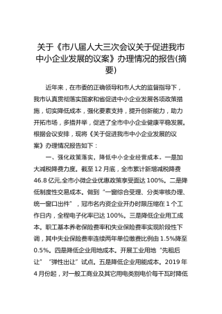 关于《市八届人大三次会议关于促进我市中小企业发展的议案》办理情况的报告(摘要)