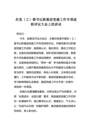 在党（工）委书记抓基层党建工作专项述职评议大会上的讲话