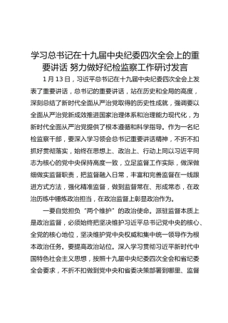 学习纪委四次全会上重要讲话研讨发言： 努力做好纪检监察工作