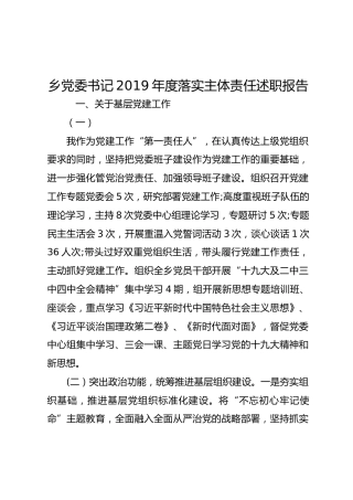 乡党委书记2019年度落实主体责任述职报告