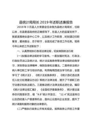 县统计局局长2019年述职述廉报告