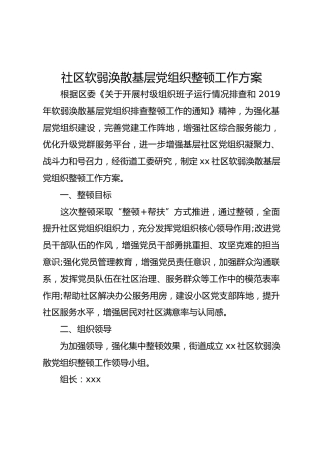 社区软弱涣散基层党组织整顿工作方案