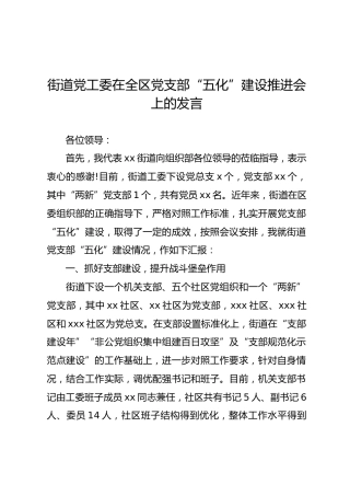 街道党工委在全区党支部“五化”建设推进会上的发言