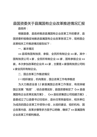 关于县属国有企业改革推进情况汇报