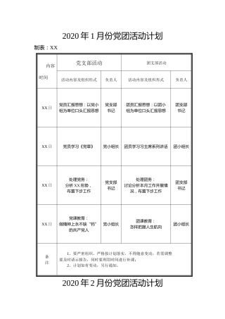 2020党支部、团支部活动计划（每月一个表格）