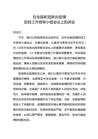 在全县新型冠状病毒感染的肺炎疫情防控工作领导小组会议上的讲话