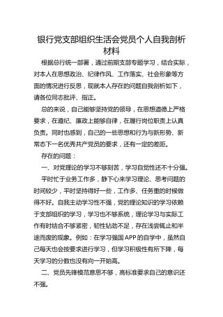 银行党支部组织生活会党员个人自我剖析材料