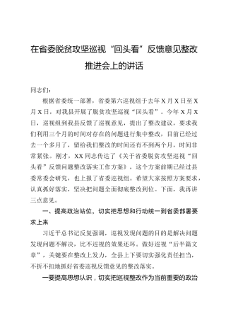 在脱贫攻坚巡视回头看反馈意见整改推进会上的讲话（6600字）