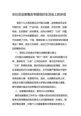 在社区巡察整改专题组织生活会上的讲话 