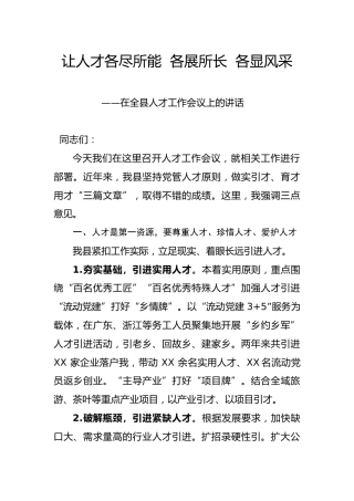 在全县人才工作会议上的讲话：让人才各尽所能  各展所长 各显风采