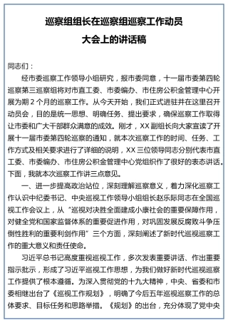 巡察组组长在巡察组巡察工作动员讲话（4900字）