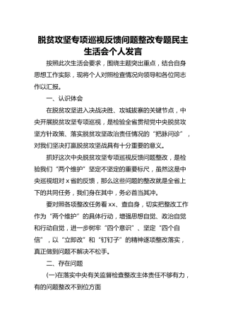 脱贫攻坚专项巡视反馈问题整改专题民主生活会个人发言（1600字）