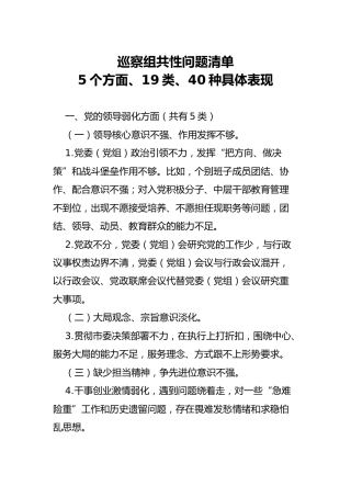 巡察组共性问题清单5个方面、19类、40种具体表现