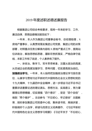 2019年度述职述德述廉报告（公司版）