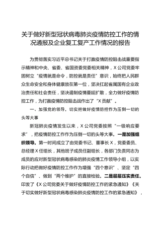 企业关于做好疫情防控工作和复工复产工作情况的报告