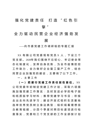 公司党建汇报：强化党建责任 打造红色引擎 全力驱动民营企业经济强劲发展