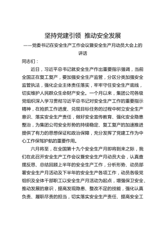 公司安全生产工作会议暨安全生产月动员大会讲话：坚持党建引领  推动安全发展
