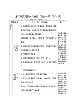 2020第二季度党支部三会一课工作计划（4100字表格）