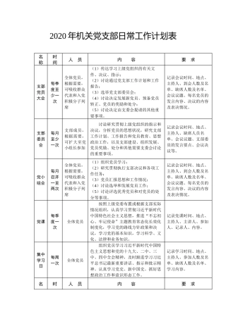 2020年机关党支部日常工作计划表