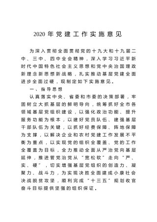 2020年党建工作实施意见(计划要点可参考)