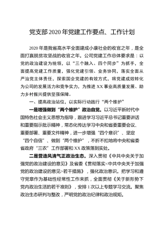 2020党建工作要点计划+三会一课、主题党日活动工作计划