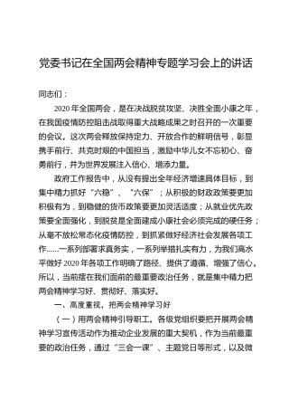 党委书记在2020两会精神专题学习会上的讲话4100字