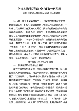 2019年党建工作总结2020年工作计划（公司版）
