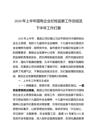 2020年上半年国有企业纪检监察工作总结及下半年工作打算（公司）