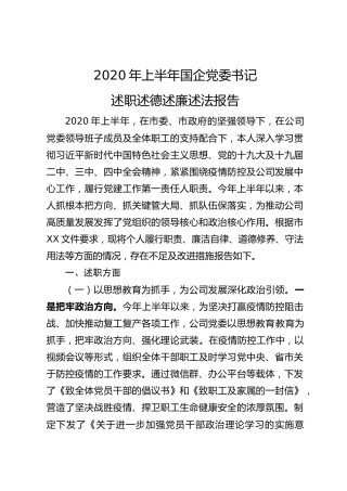 2020年上半年国企党委书记述职述德述廉述法报告（4500字）