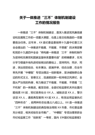 纪委监委一体推进三不体制机制建设工作的情况报告