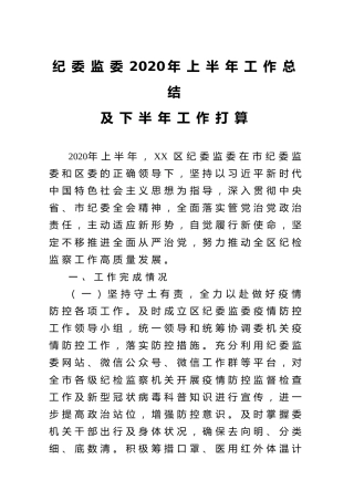 纪委监委2020年上半年工作总结及下半年工作计划5300字