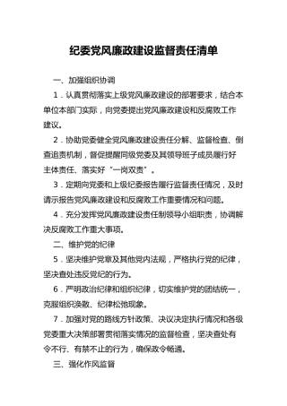 纪委党风廉政建设监督责任清单5方面24条