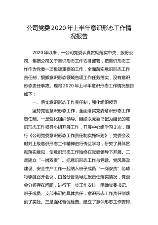 公司2020年上半年意识形态工作情况报告