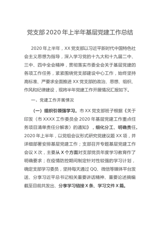 党支部2020年上半年基层党建工作总结（2000字）