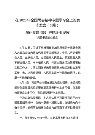 2020年两会精神专题学习会上的表态发言3篇