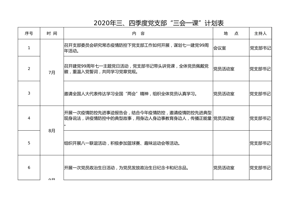 2020年7月-12月党支部三会一课计划表_第1页
