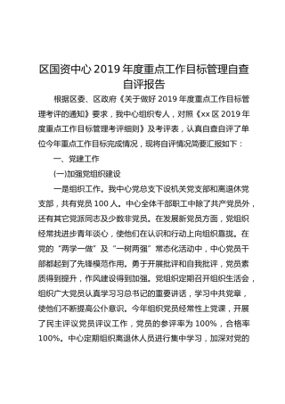 区国资中心2019年度重点工作目标管理自查自评报告