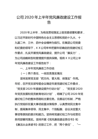 公司2020年上半年党风廉政建设工作报告3400字