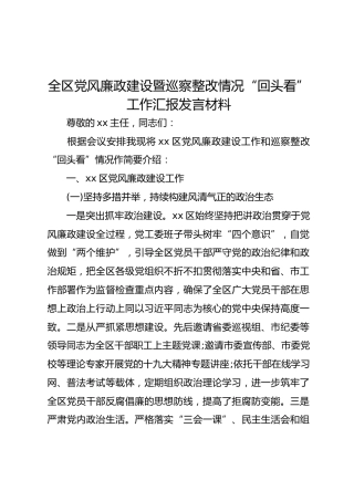 党风廉政建设暨巡察整改情况“回头看”工作汇报发言材料